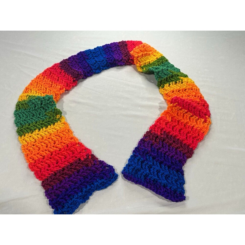 Hand Crocheted Rainbow Pride Scarf 62” Colorful LGBTQ Festival Accessory